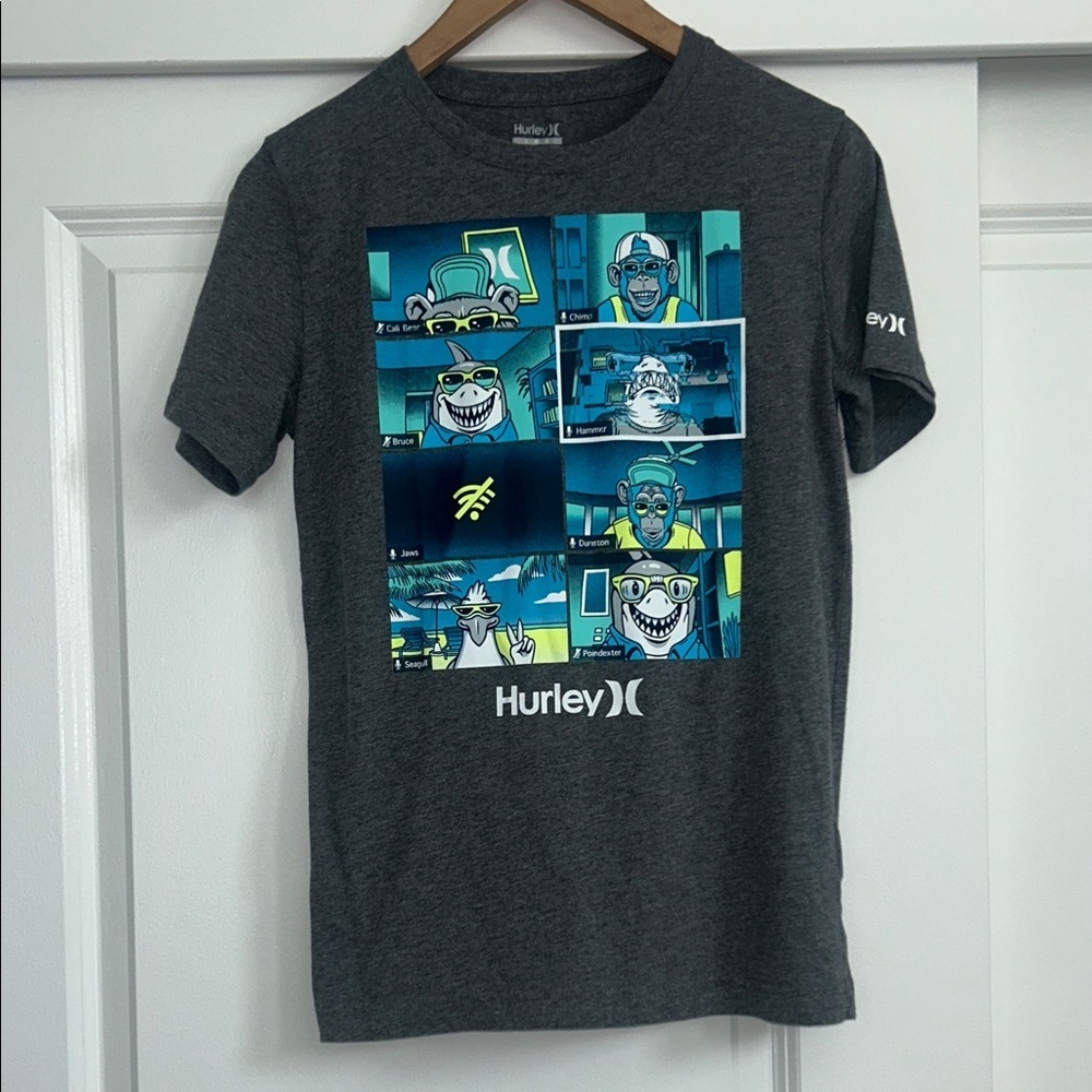 Hurley Charcoal Tee with Blue & Teal Comic Panel Graphic